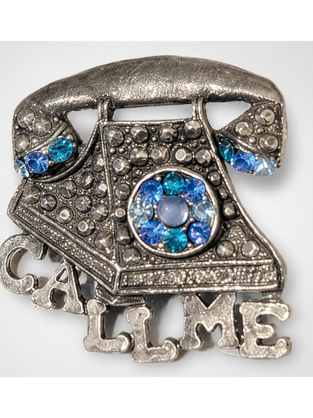 Vintage Telephone Brooch Pin Call Me Silver Tone Blue Rhinestone 1 1/8" so-8